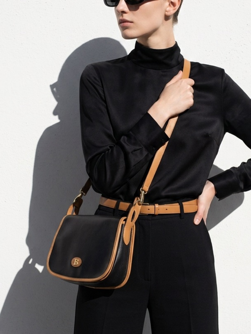 Vintage Bally Black Leather Crossbody with Tan Trim